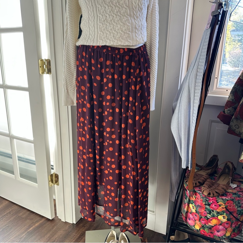 Polka dot plum and orange midi skirt